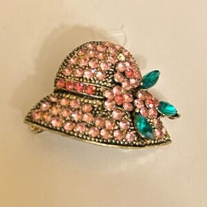 Vintage Inspired Pink & Green Rhinestone Hat Brooch NWOT Girl or Woman Cute